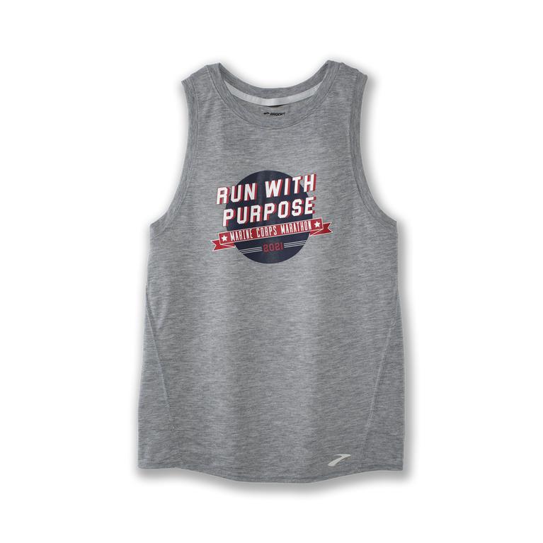 Brooks Distance Graphic Running Tank Top - Women's - Heather Ash/Purpose/Grey (82371-RVDO)